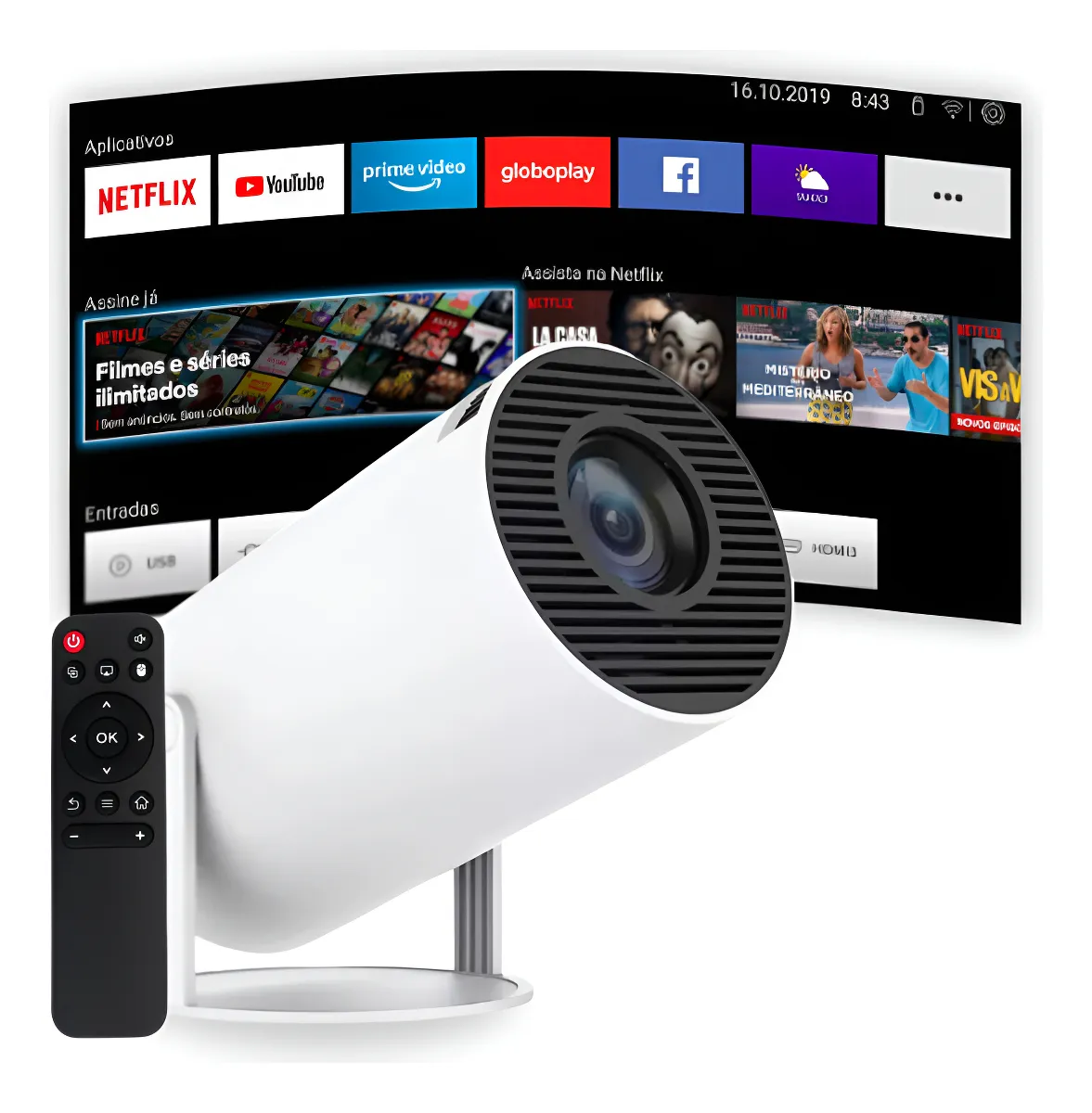 Projetor Smart Portátil Full Hd 4k Bluetooth Wifi Cor Branco Android 11.0 5g TV Cinema em Casa Imagem Nítida Compatível Com Diversos Dispositivos Hy300 Vlx